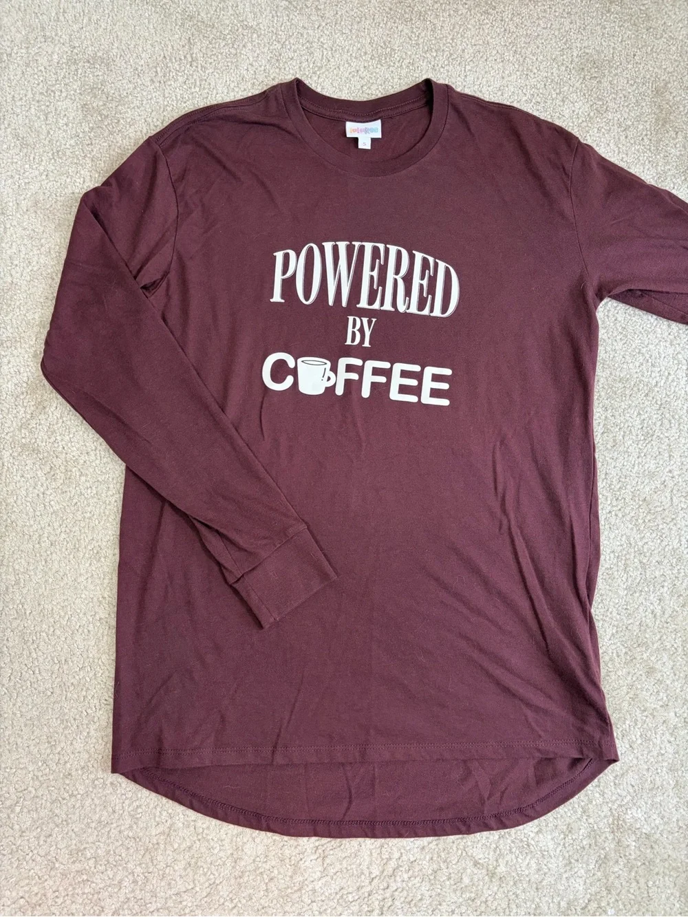 LuLaRoe Hudson Long Sleeve Tee Small “Powered by Coffee” Graphic Super Soft - Picture 5 of 7